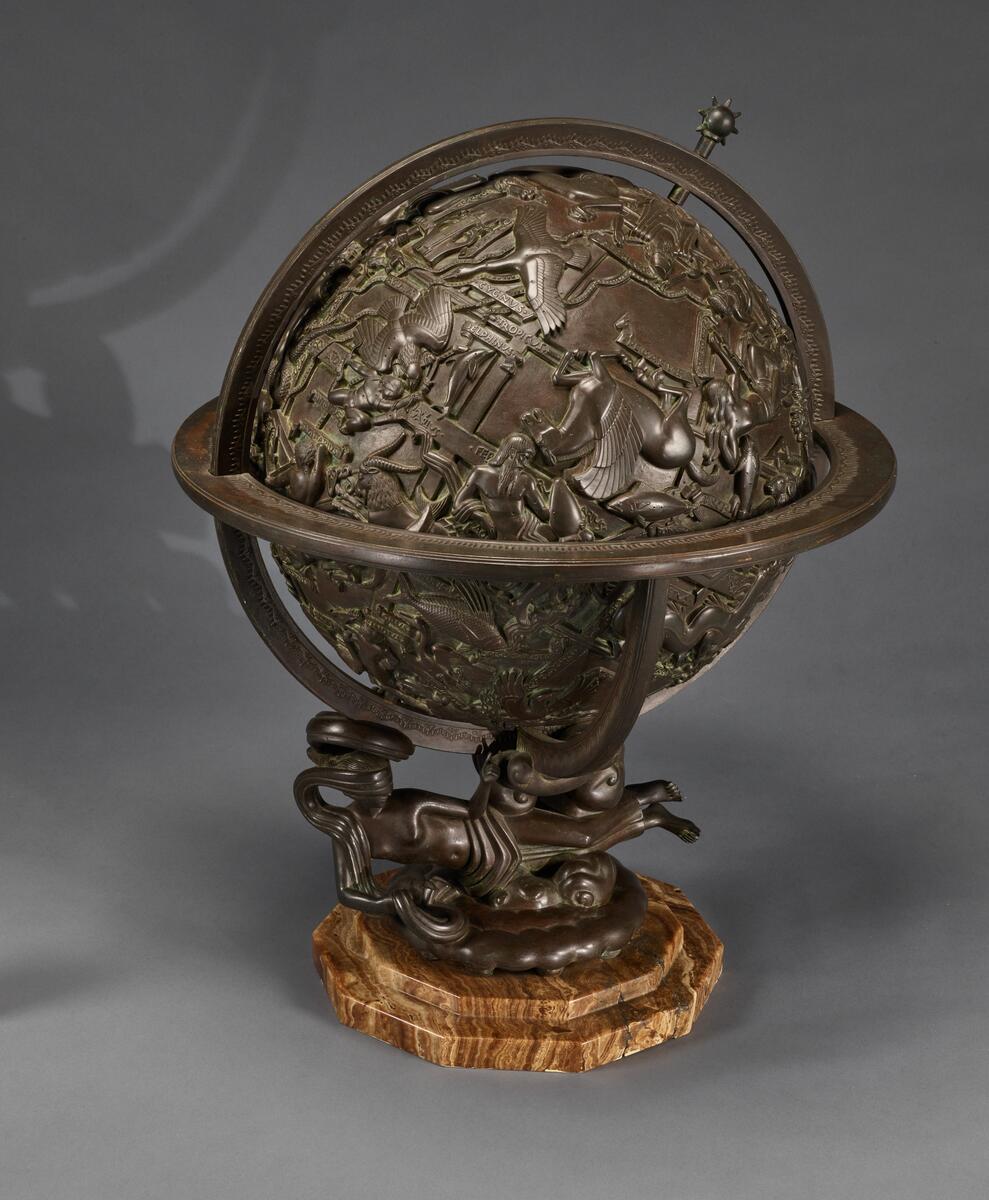 Globe of the Zodiac [view 1]; bronze, 27" x 20", 64" circumference.