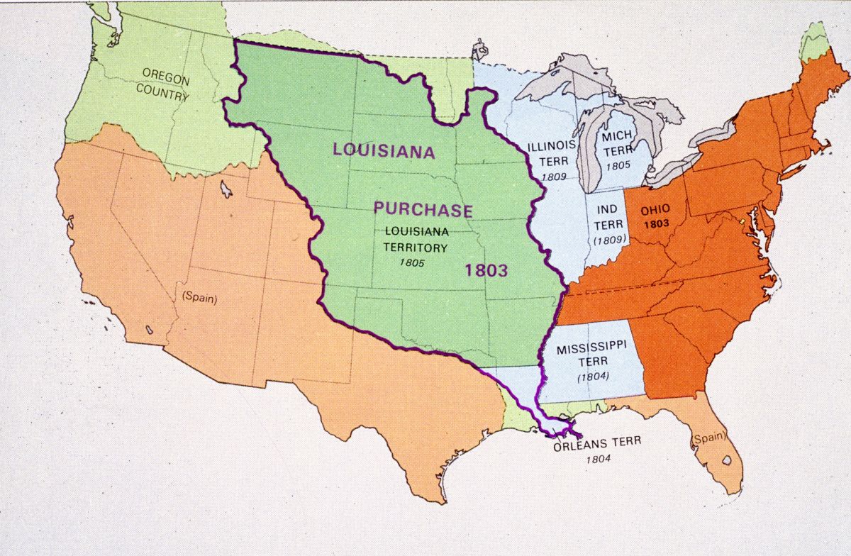 Map of the contiguous United States with coloration depicting the land included in the Louisiana Purchase.