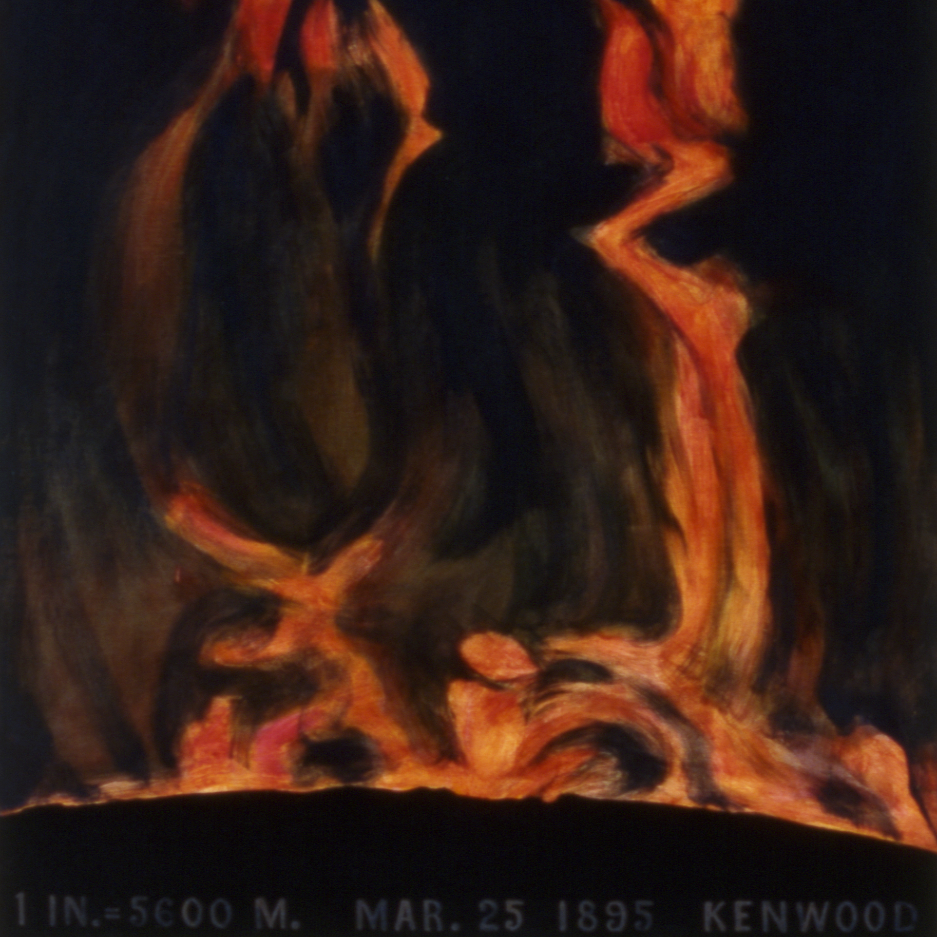 A painting of hydrogen prominences: a black background with red plumes of flame-like energy erupting from a curved surface.