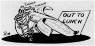 A cartoon of a beetle eating a banana in front of a sign that reads "out to lunch"