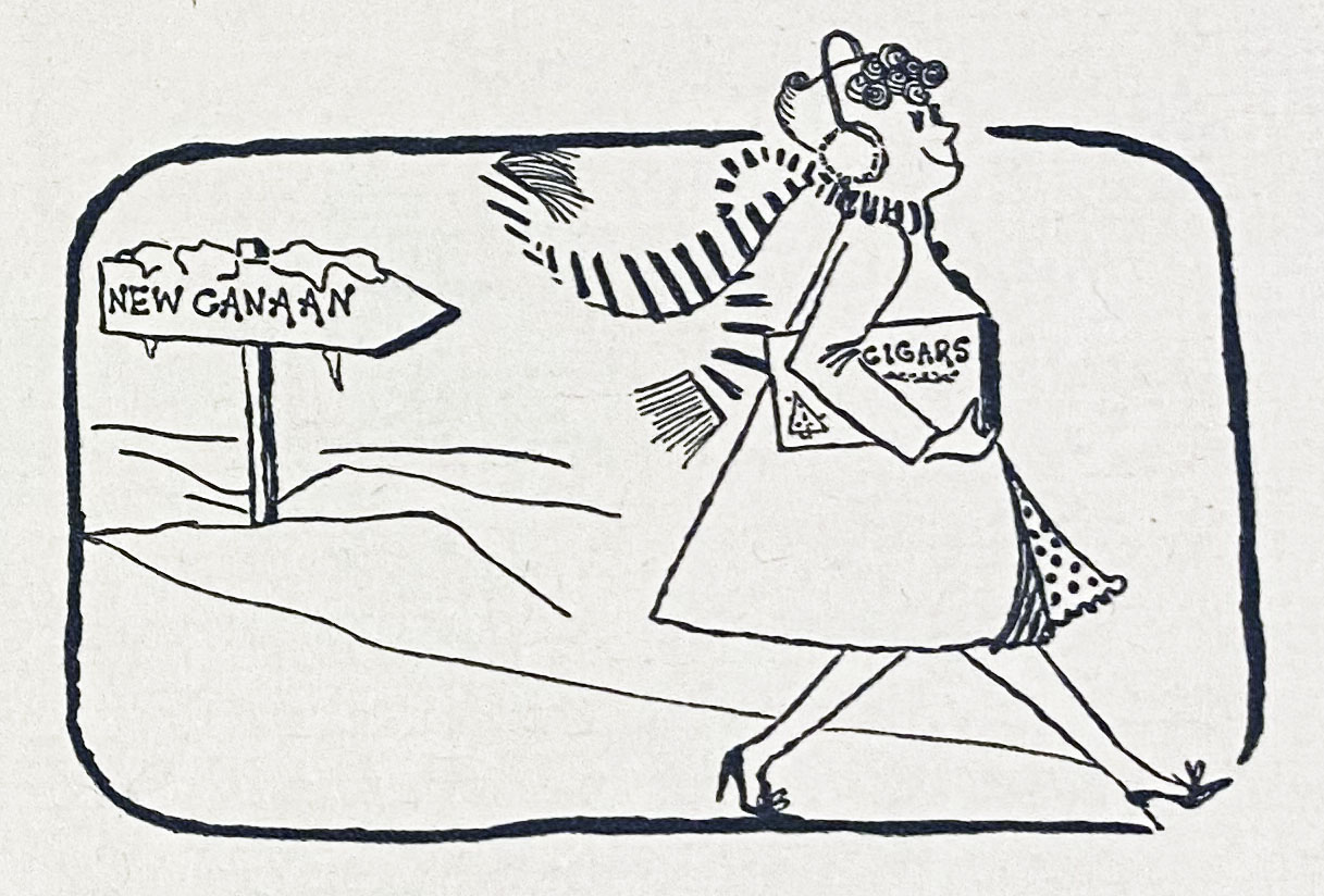 Cartoon of a woman walking in the snow carrying a box of a cigars. A sign indicates she's walking toward New Canaan.