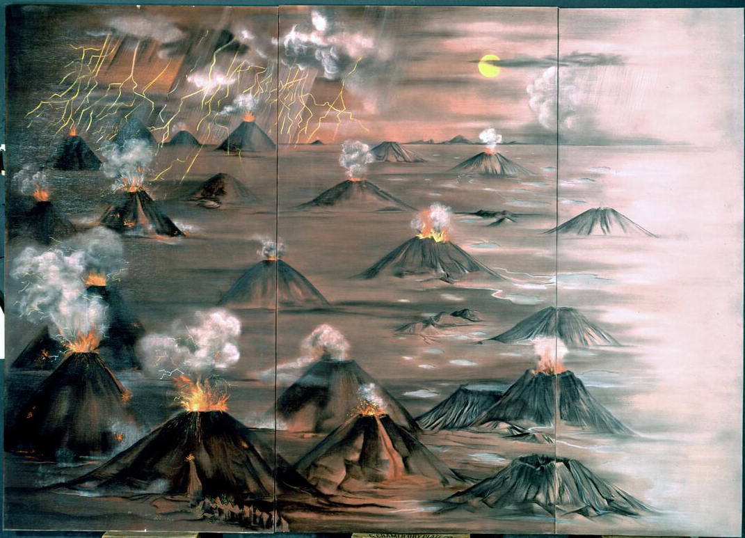 Charles Alston's Origin of Life Mural, which depicts a field of volcanos next to a body of water, and a cloudy sky with lightning.