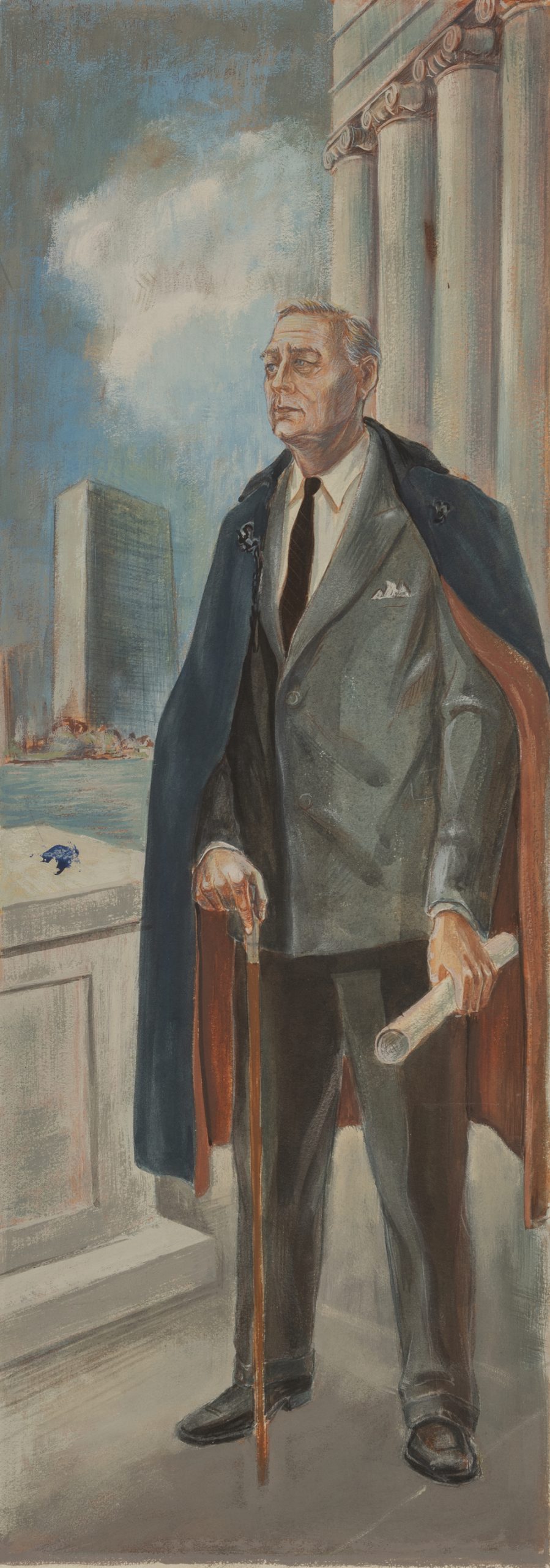 A tall narrow portrait of FDR standing in front of a large while building with pillars, a skyscraper, and a body of water.