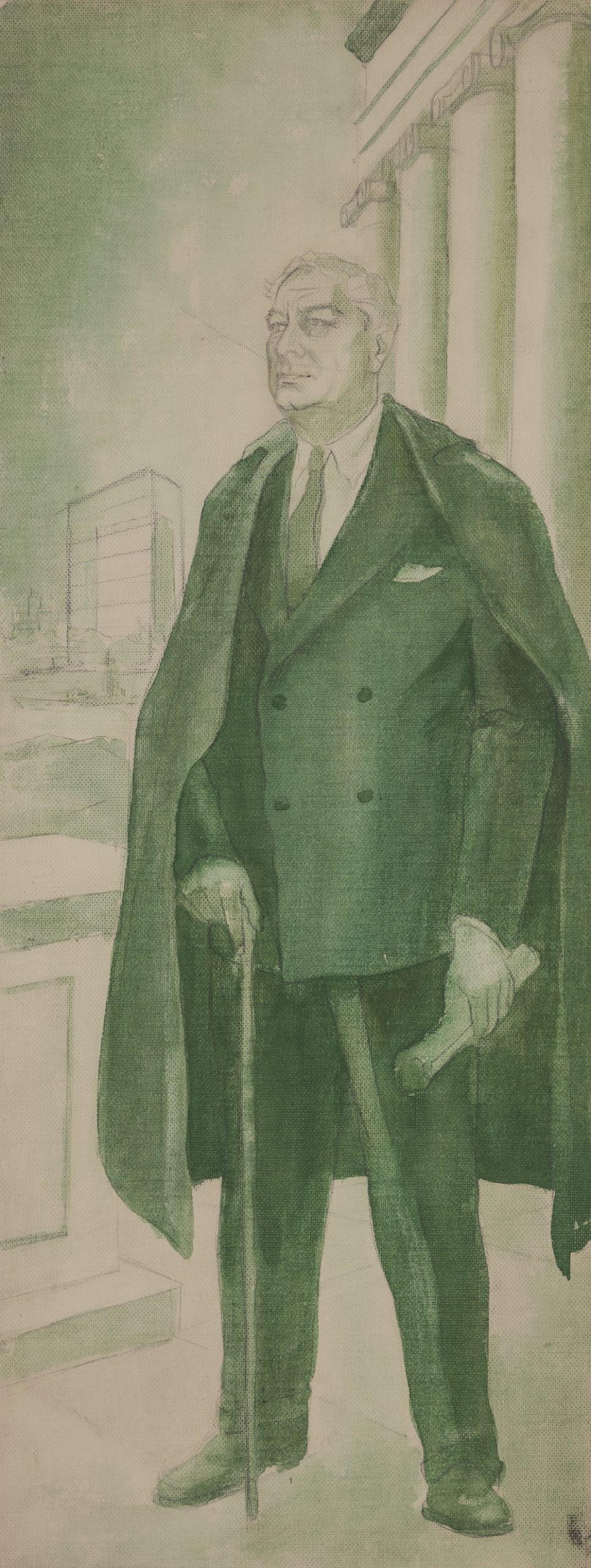 A study for a tall, narrow portrait of FDR standing in front of a large while building with pillars, a skyscraper, and a body of water.