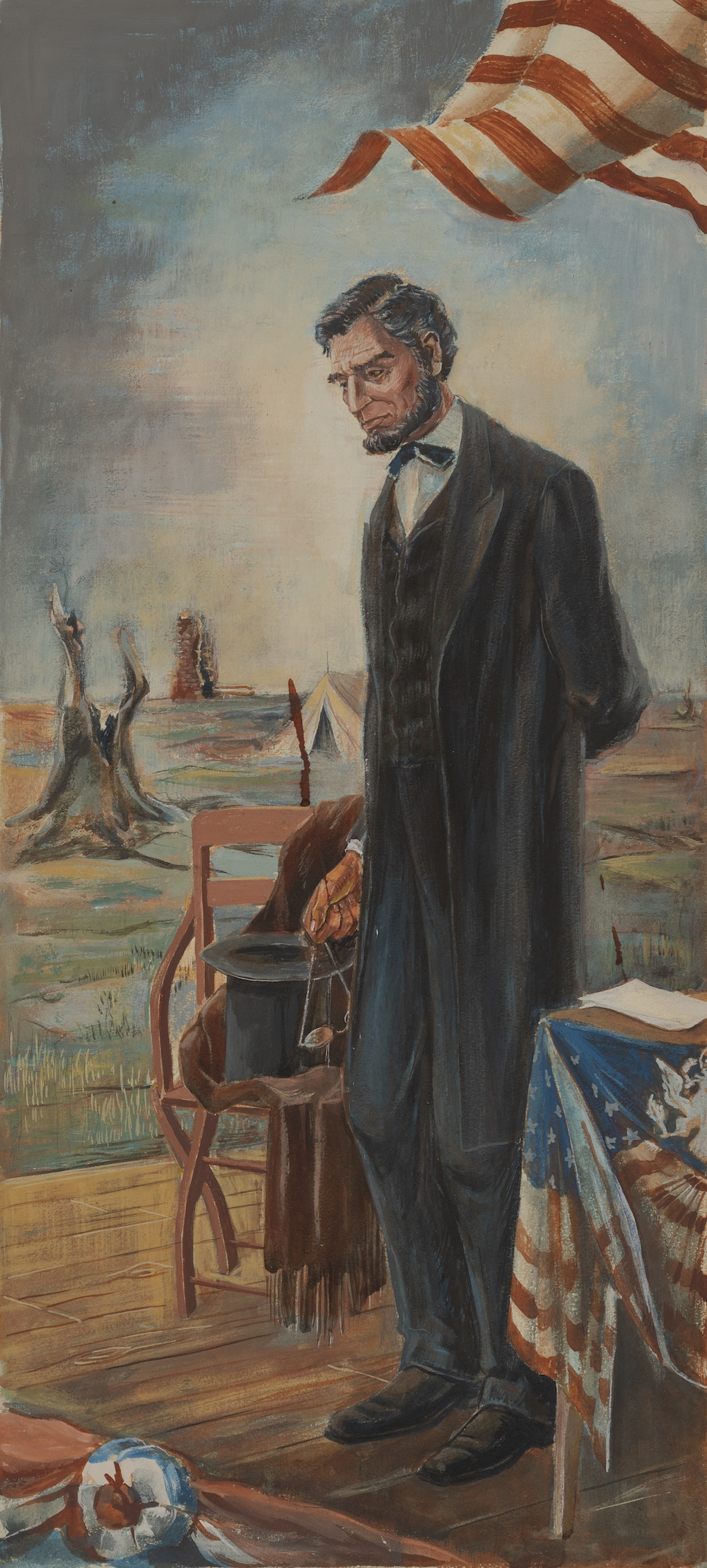 A tall, narrow portrait of Abraham Lincoln standing on a stage in front of a field with a tent and a burning tree stump. There is a portion of an American flag visible over his head, waving in the breeze.