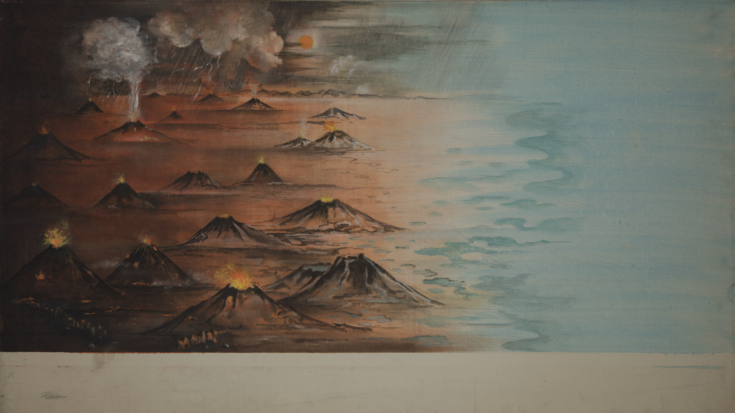 An oil study of Charles Alston's Origin of Life Mural, which depicts a field of volcanos next to a body of water.