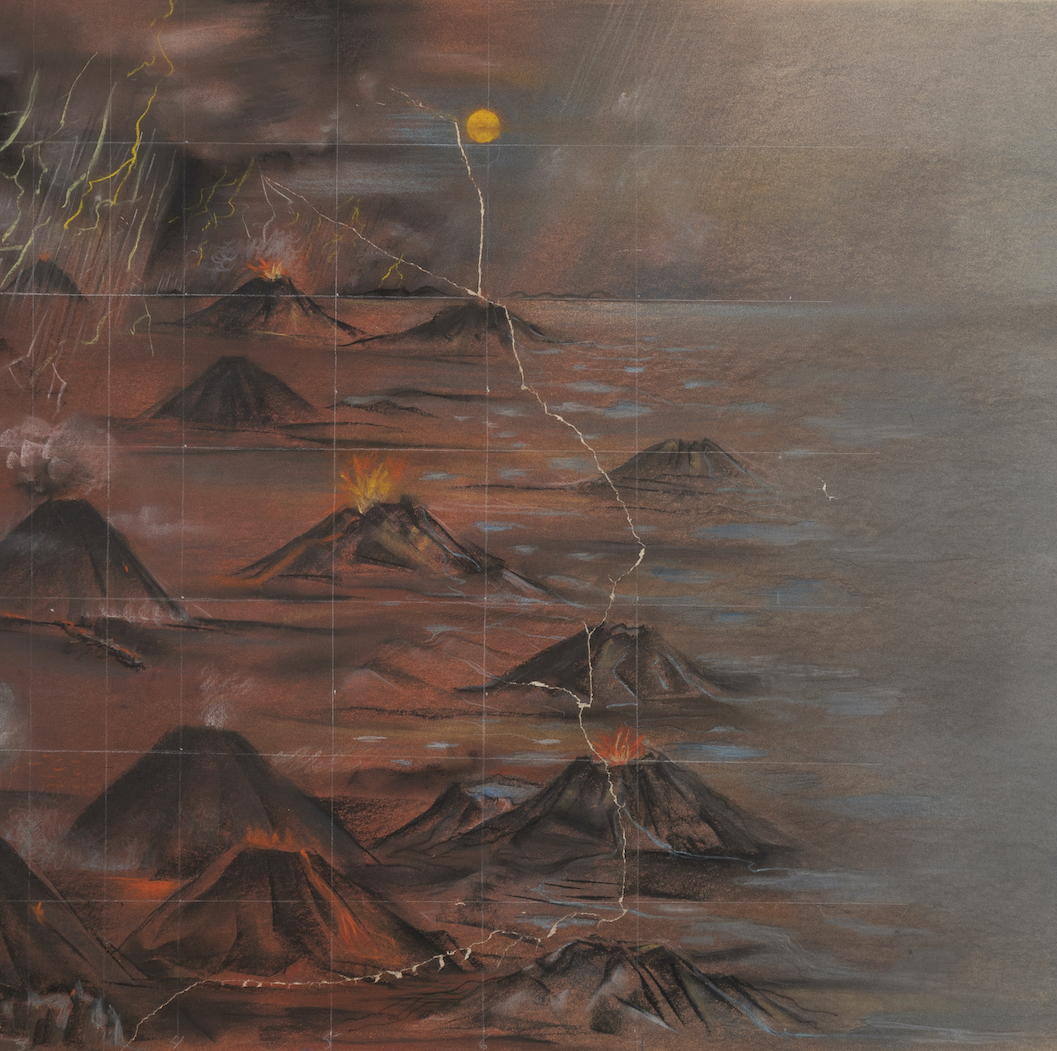 Detail of a pastel study of Charles Alston's Origin of Life Mural, which depicts a field of volcanos next to a body of water.