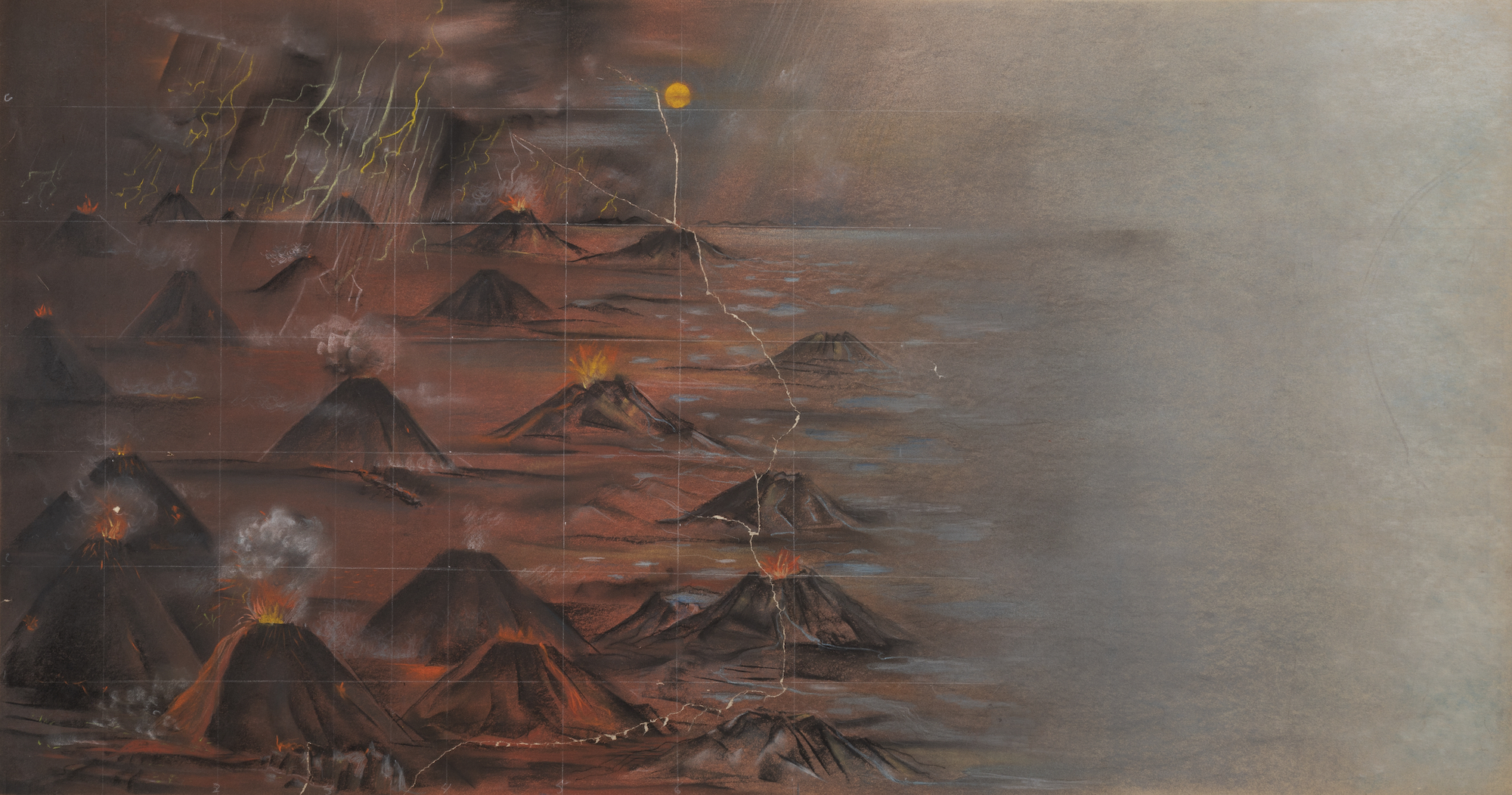 A pastel study of Charles Alston's Origin of Life Mural, which depicts a field of volcanos next to a body of water.